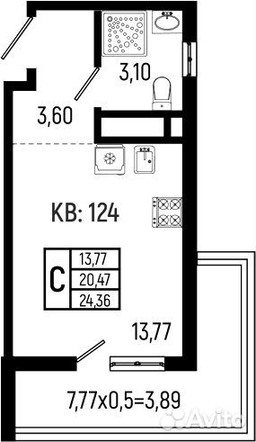 Квартира-студия, 20,5 м², 17/18 эт., Небуг